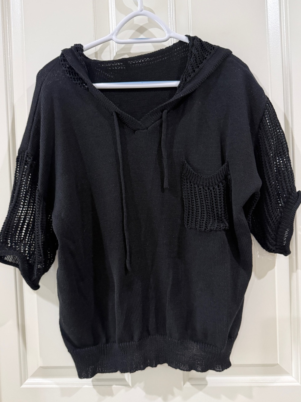 SHEIN Black Open-Knit Hoodie Short-Sleeve Sweater